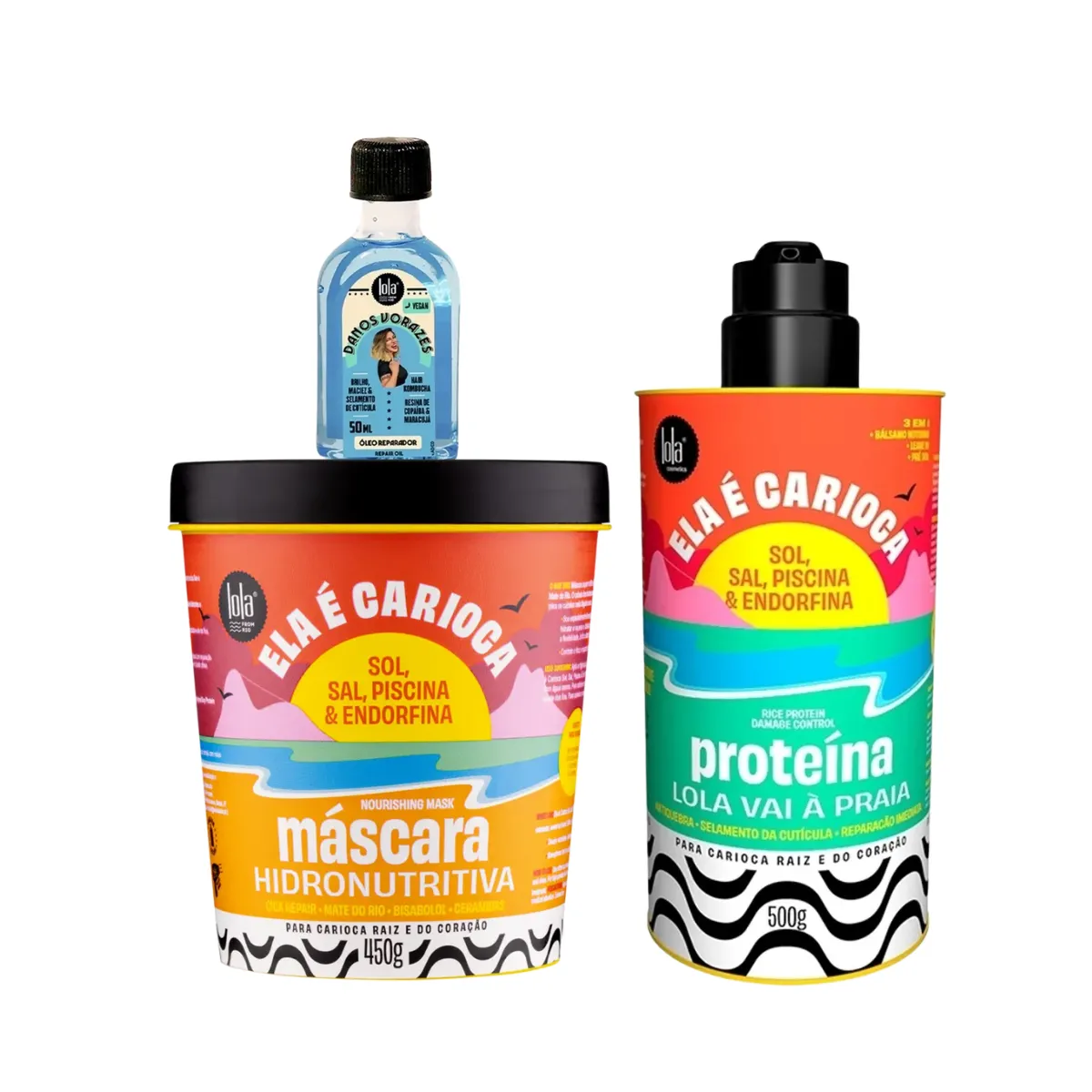Kit Lola Ela é Carioca Masc 450ml + Proteína 500ml + Danos Vorazes Óleo Reparador 50ml | By Linda