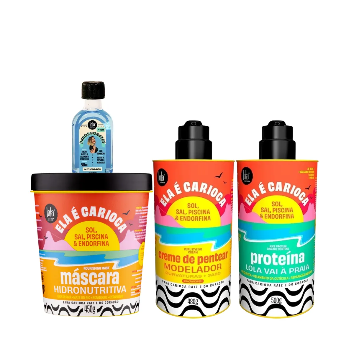 Kit Lola Ela é Carioca Masc 450ml + Cpp 3ABC 480ml + Proteína 500ml + Danos Vorazes Óleo Reparador | By Linda