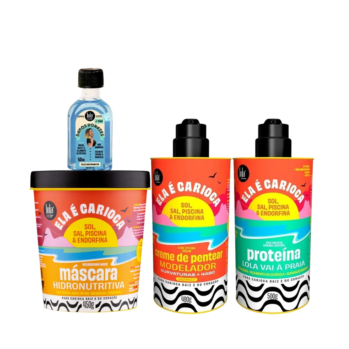Kit Lola Ela é Carioca Masc 450ml + Cpp 4ABC 480ml + Proteína 500ml + Danos Vorazes Óleo Reparador | By Linda