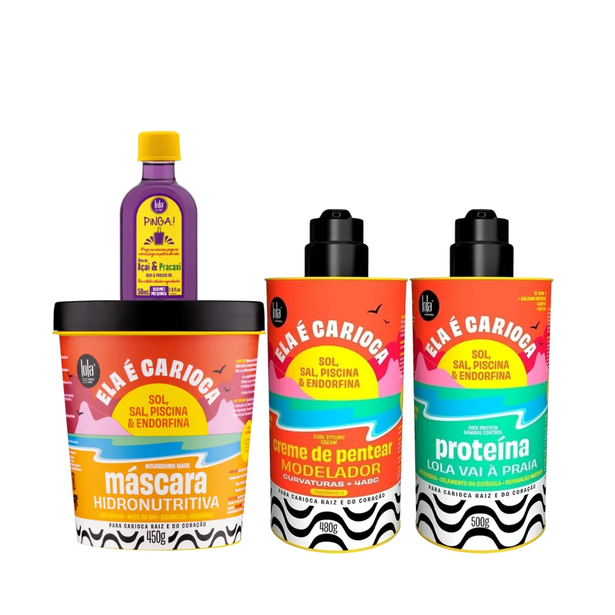 Kit Lola Ela é Carioca Masc 450ml + Cpp 4ABC 480ml + Proteína 500ml + Pinga! Óleo Açaí e Pracaxi | By Linda