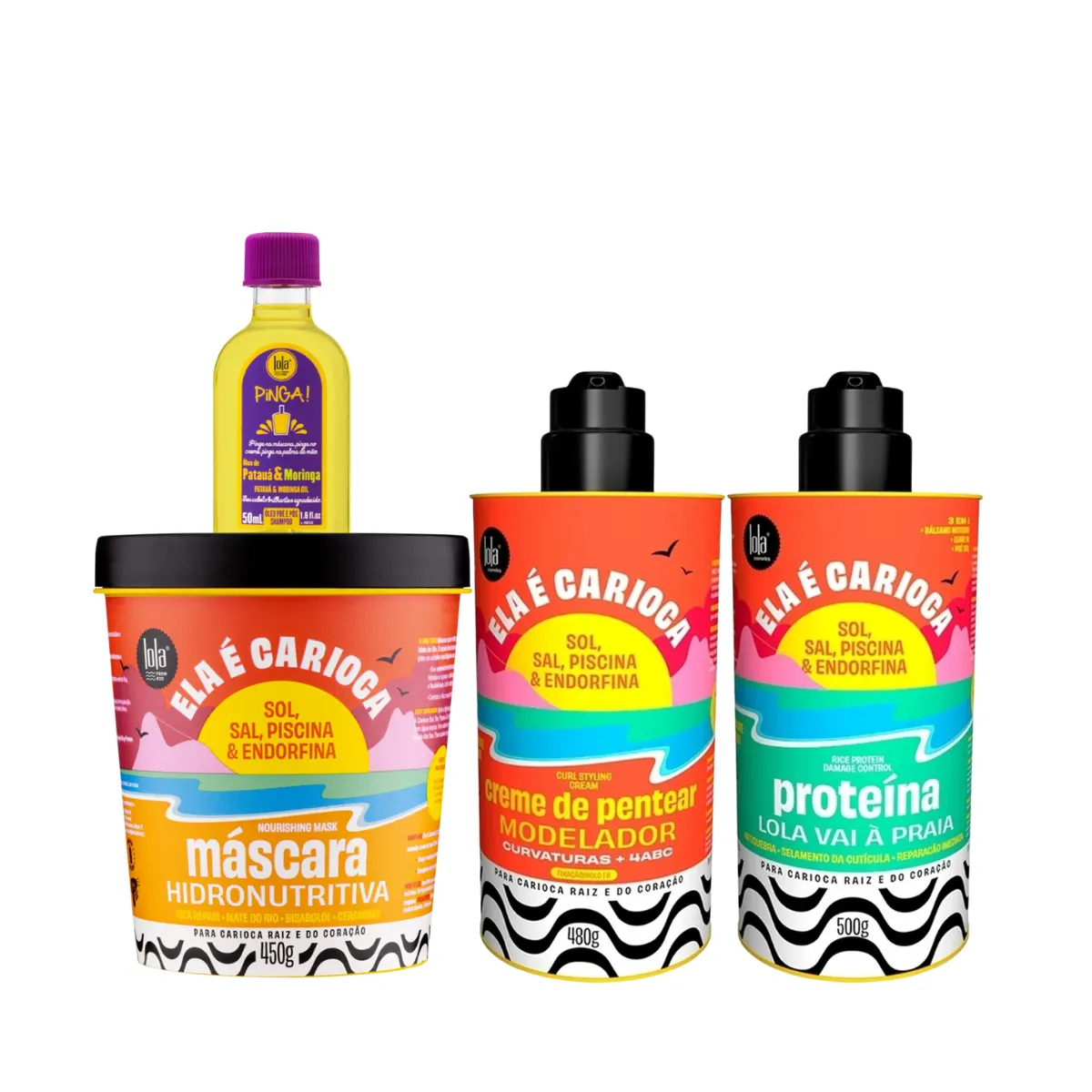 Kit Lola Ela é Carioca Masc 450ml + Cpp 4ABC 480ml + Proteína 500ml + Pinga! Óleo Pataúa e Moringa | By Linda