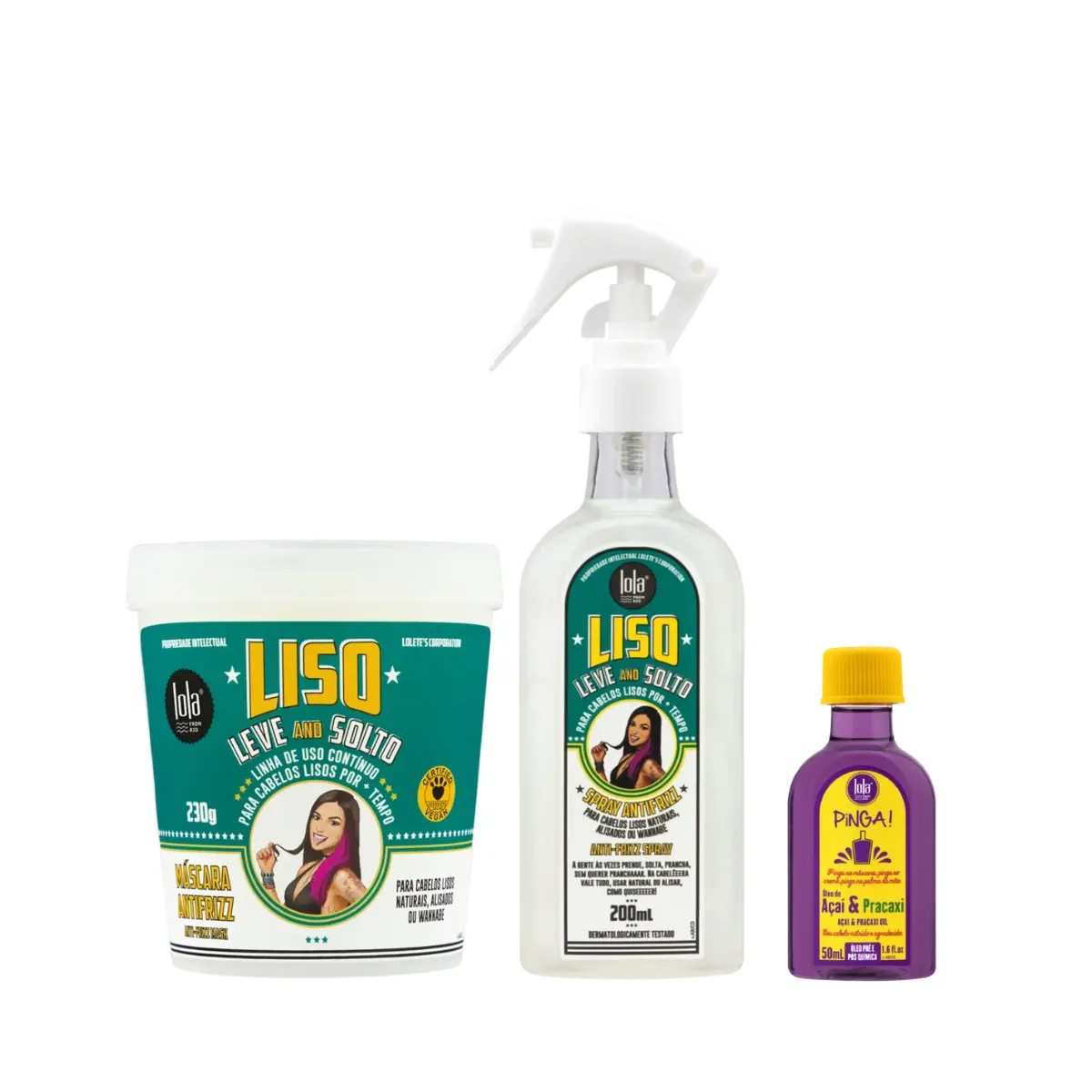 Kit Lola Liso Leve e Solto Masc 230ml + Spray 200ml + Pinga! Óleo Açaí e Pracaxi 50ml | By Linda