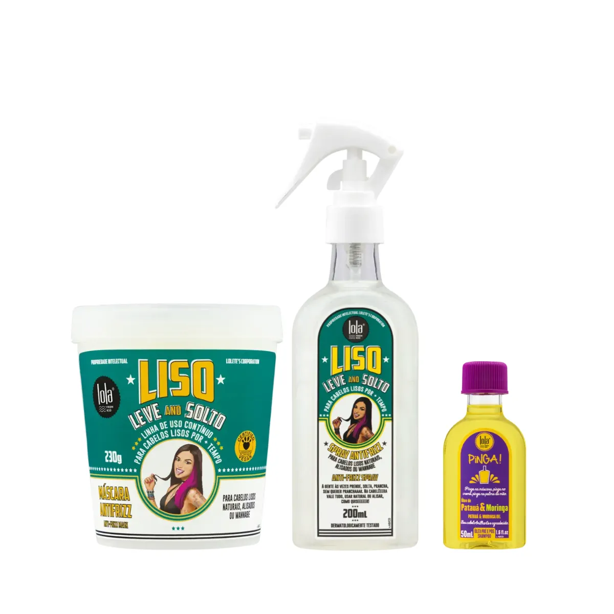 Kit Lola Liso Leve e Solto Masc 230ml + Spray 200ml + Pinga! Óleo Pataúa e Moringa 50ml | By Linda