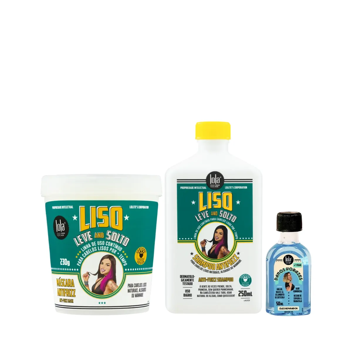 Kit Lola Liso Leve e Solto Sh 250ml + Masc 230ml + Danos Vorazes Óleo Reparador 50ml | By Linda