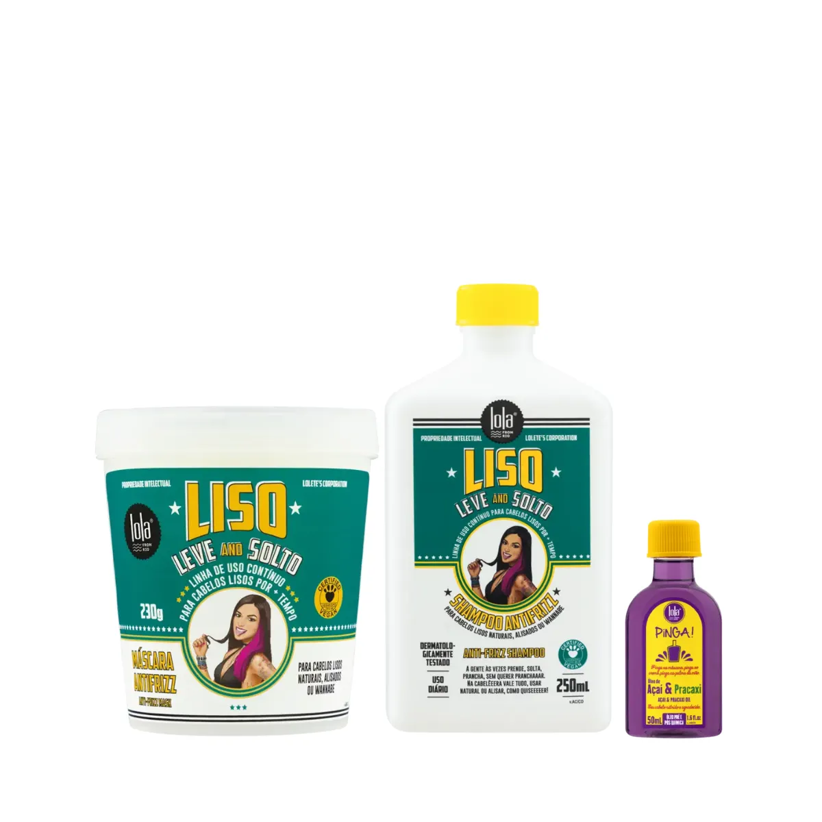 Kit Lola Liso Leve e Solto Sh 250ml + Masc 230ml + Pinga! Óleo Açaí e Pracaxi 50ml | By Linda