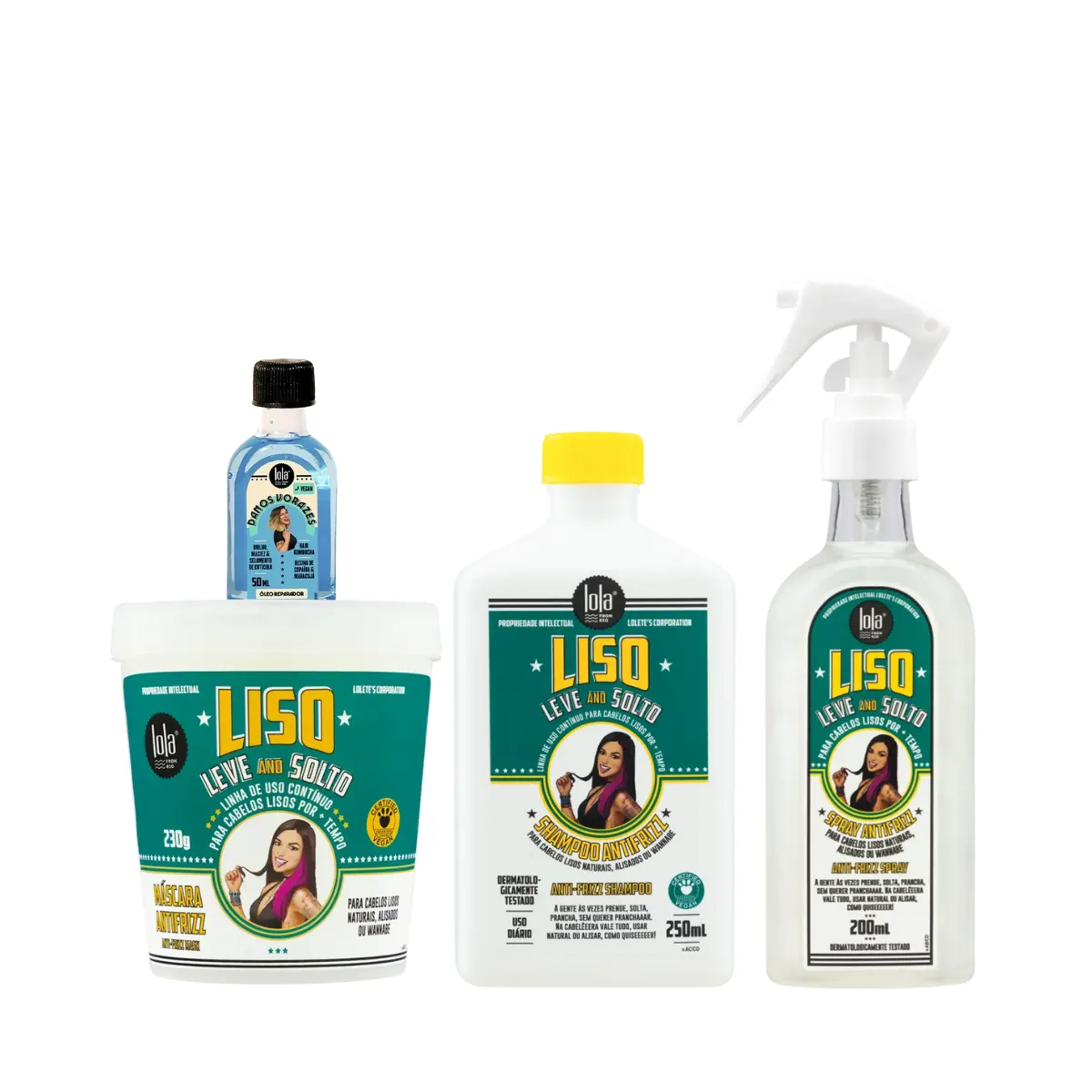 Kit Lola Liso Leve e Solto Sh 250ml + Masc 230ml + Spray 200ml + Danos Vorazes Óleo Reparador 50ml | By Linda