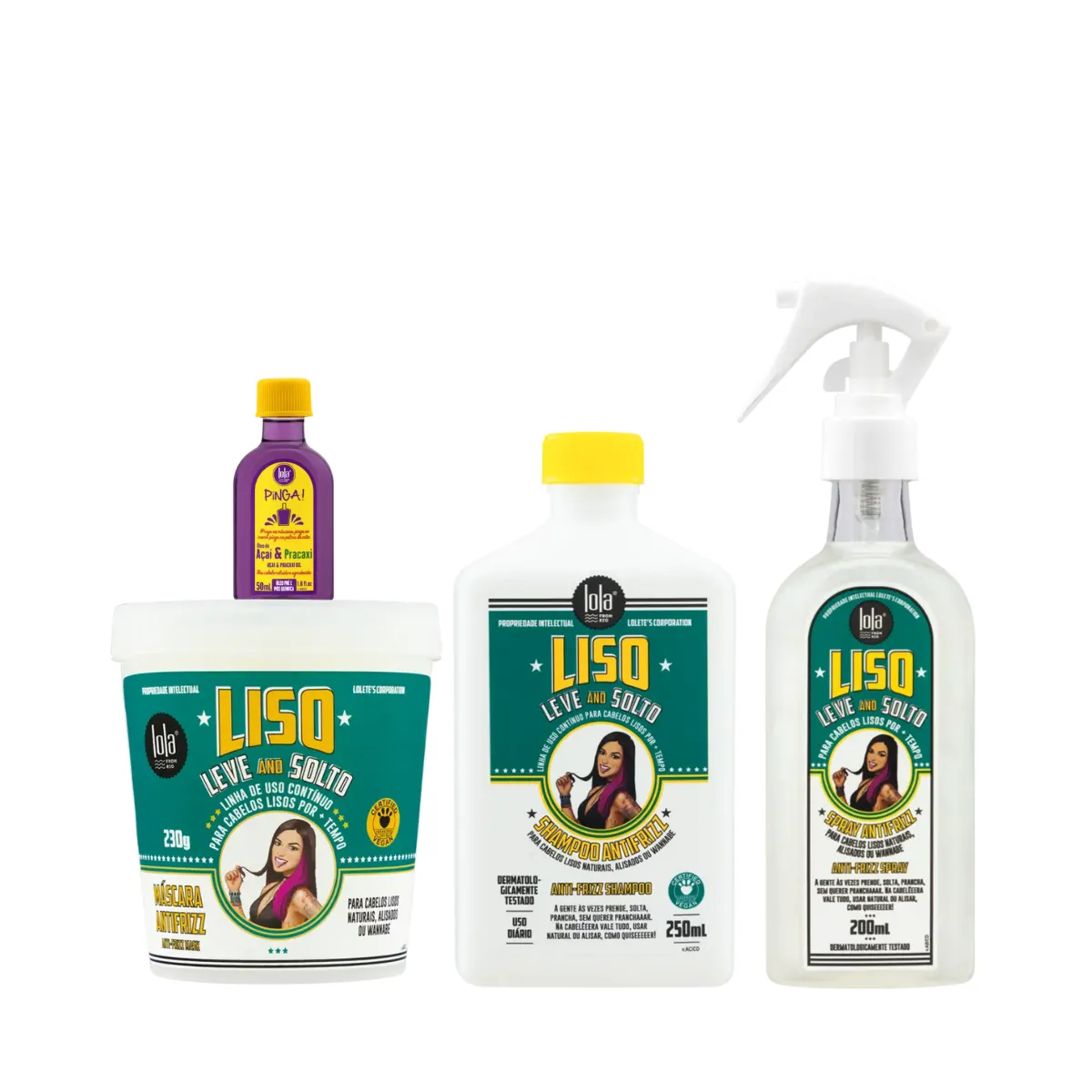 Kit Lola Liso Leve e Solto Sh 250ml + Masc 230ml + Spray 200ml + Pinga! Óleo Açaí e Pracaxi 50ml | By Linda