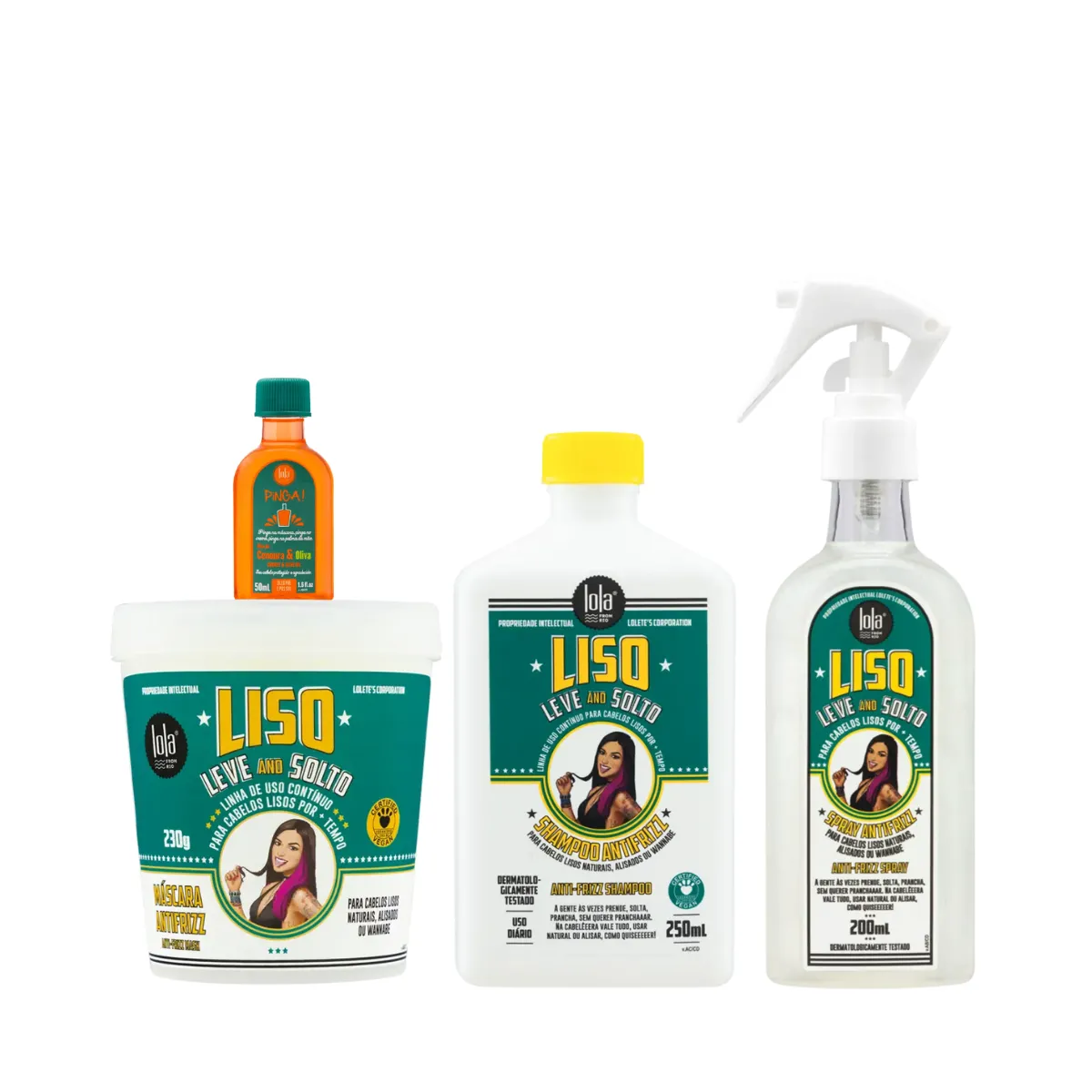Kit Lola Liso Leve e Solto Sh 250ml + Masc 230ml + Spray 200ml + Pinga! Óleo Cenoura e Oliva 50ml | By Linda
