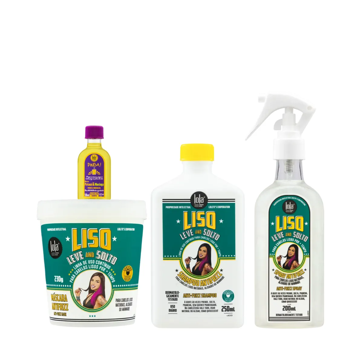 Kit Lola Liso Leve e Solto Sh 250ml + Masc 230ml + Spray 200ml + Pinga! Óleo Pataúa e Moringa 50ml | By Linda