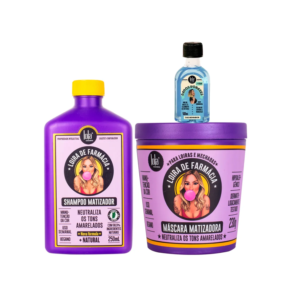 Kit Lola Loira de Farmácia Sh 250ml + Masc 230ml + Danos Vorazes Óleo Reparador 50ml | By Linda