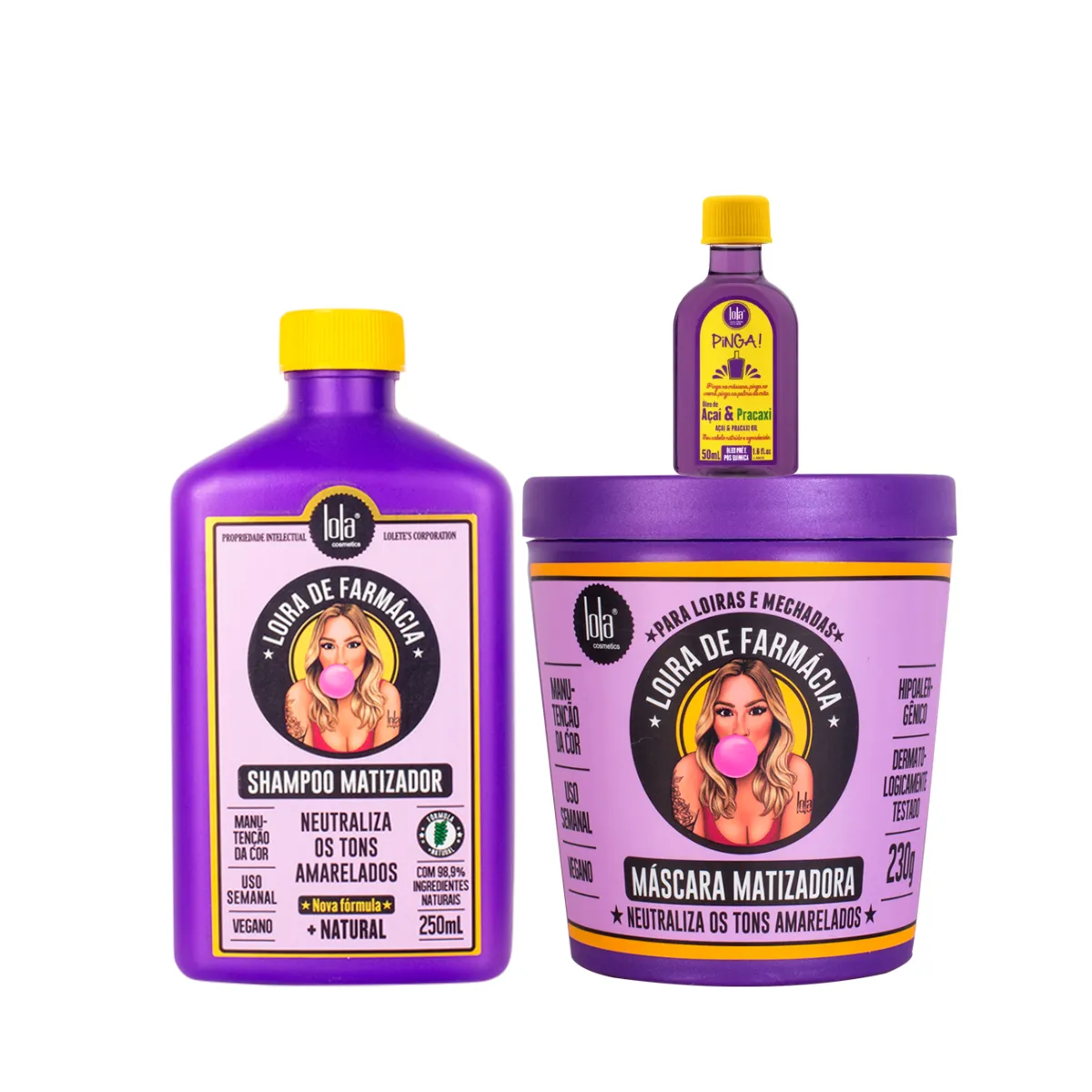 Kit Lola Loira de Farmácia Sh 250ml + Masc 230ml + Pinga! Óleo Açaí e Pracaxi 50ml | By Linda