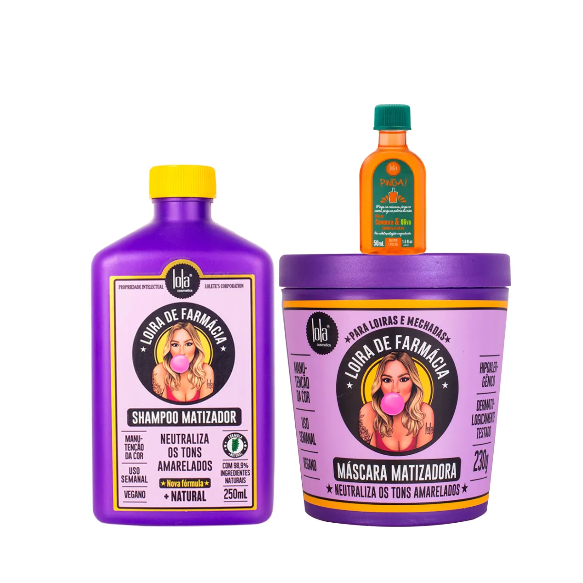 Kit Lola Loira de Farmácia Sh 250ml + Masc 230ml + Pinga! Óleo Cenoura e Oliva 50ml | By Linda
