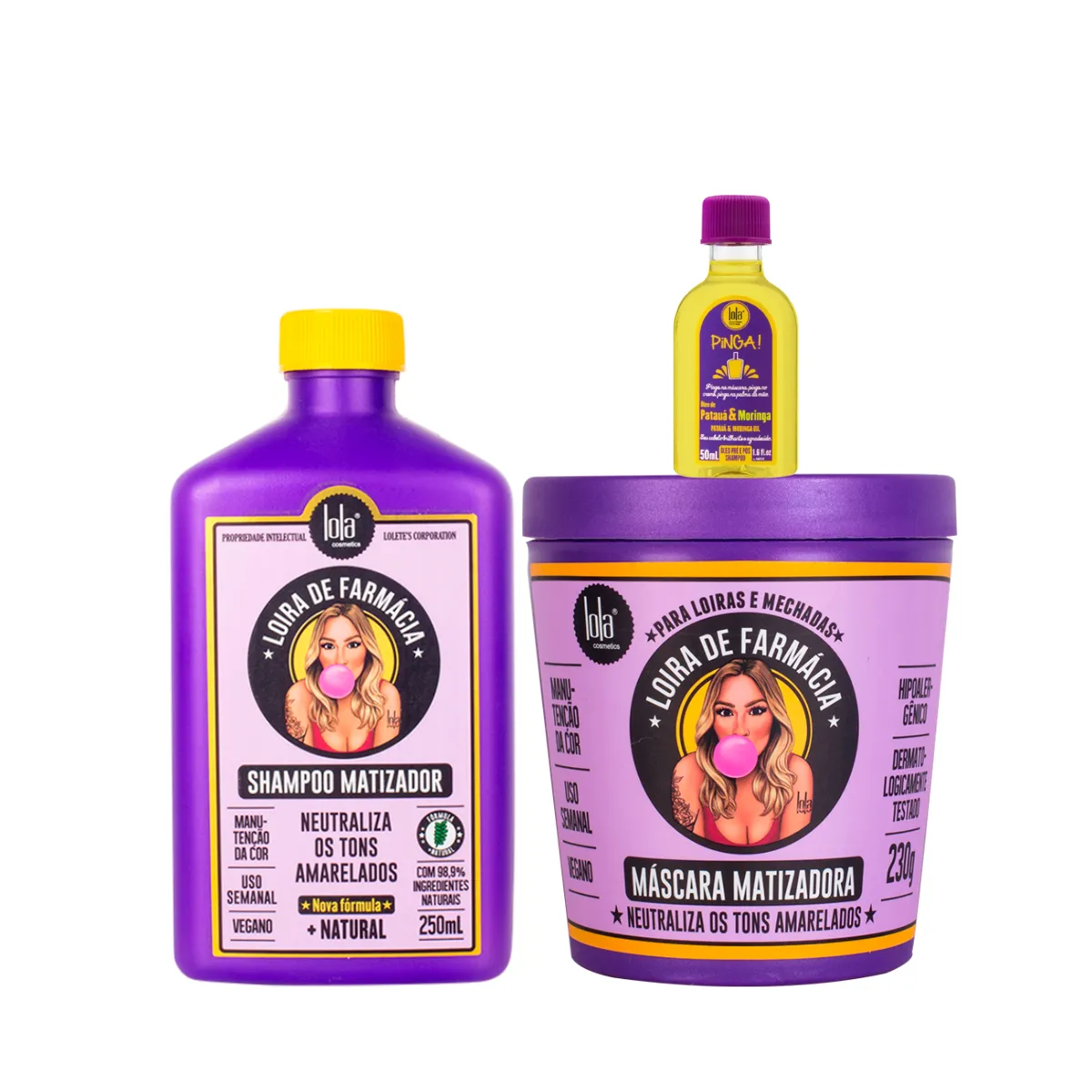 Kit Lola Loira de Farmácia Sh 250ml + Masc 230ml + Pinga! Óleo Pataúa e Moringa 50ml | By Linda