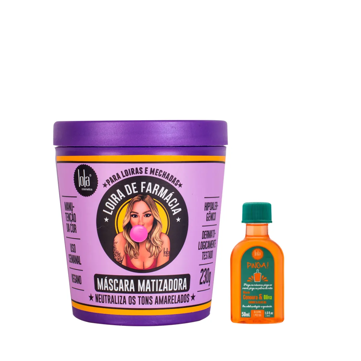Kit Lola Loira de Farmácia Masc 230ml + Pinga! Óleo Cenoura e Oliva 50ml | By Linda