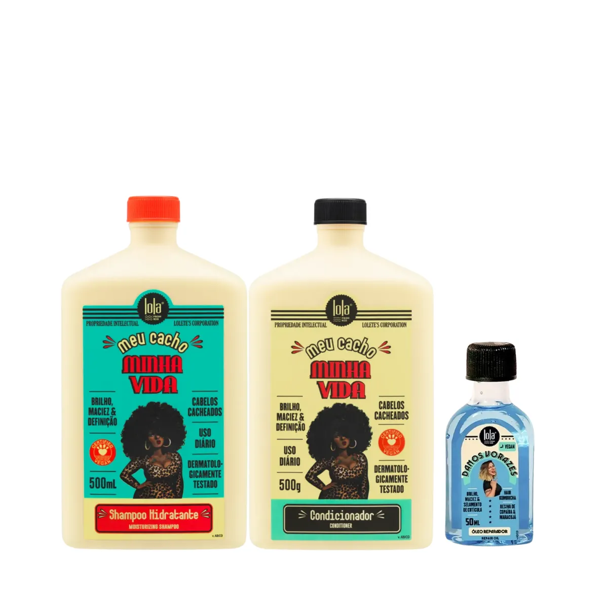 Kit Lola Meu Cacho Minha Vida Sh 500ml + Cond 500ml + Danos Vorazes Óleo Reparador 50ml | By Linda