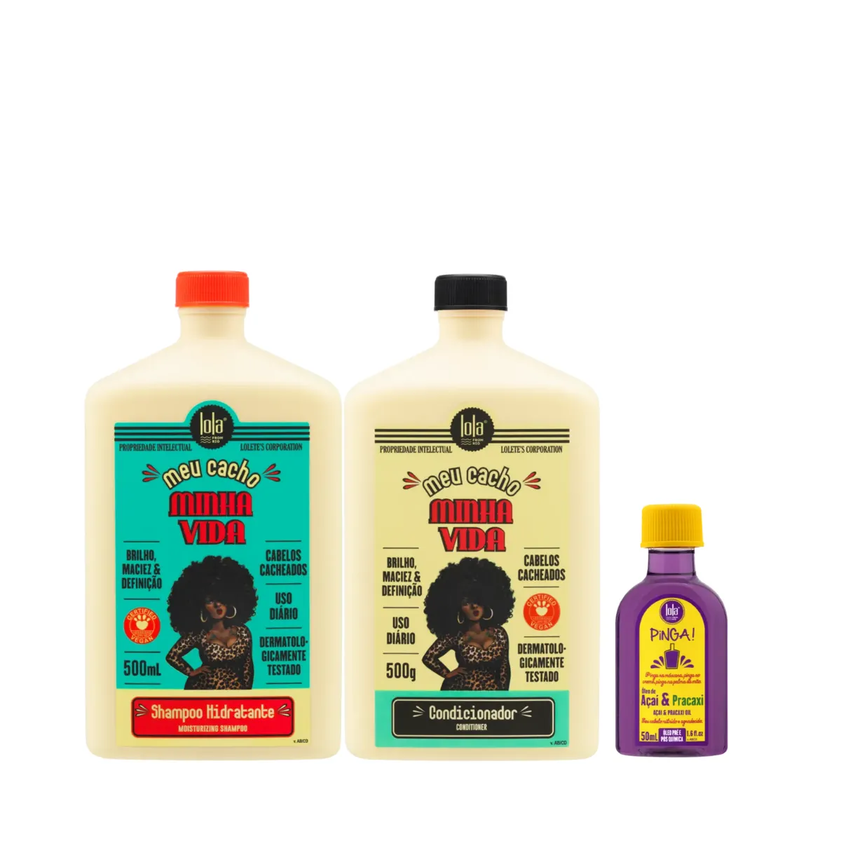 Kit Lola Meu Cacho Minha Vida Sh 500ml + Cond 500ml + Pinga! Óleo Açaí e Pracaxi 50ml | By Linda