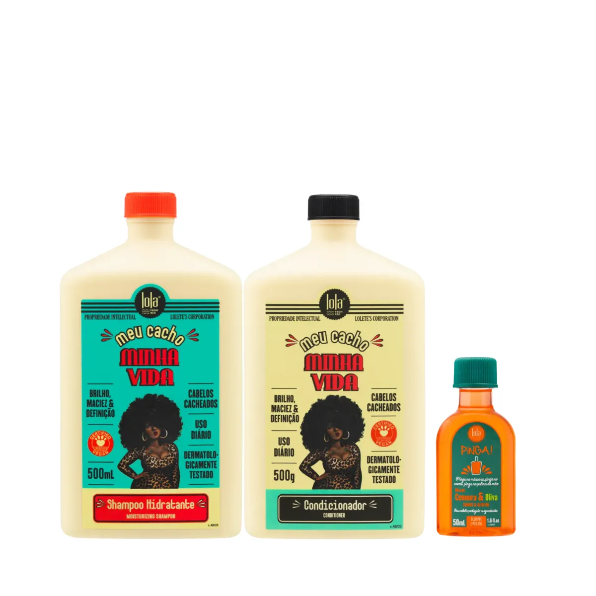 Kit Lola Meu Cacho Minha Vida Sh 500ml + Cond 500ml + Pinga! Óleo Cenoura e Oliva 50ml | By Linda