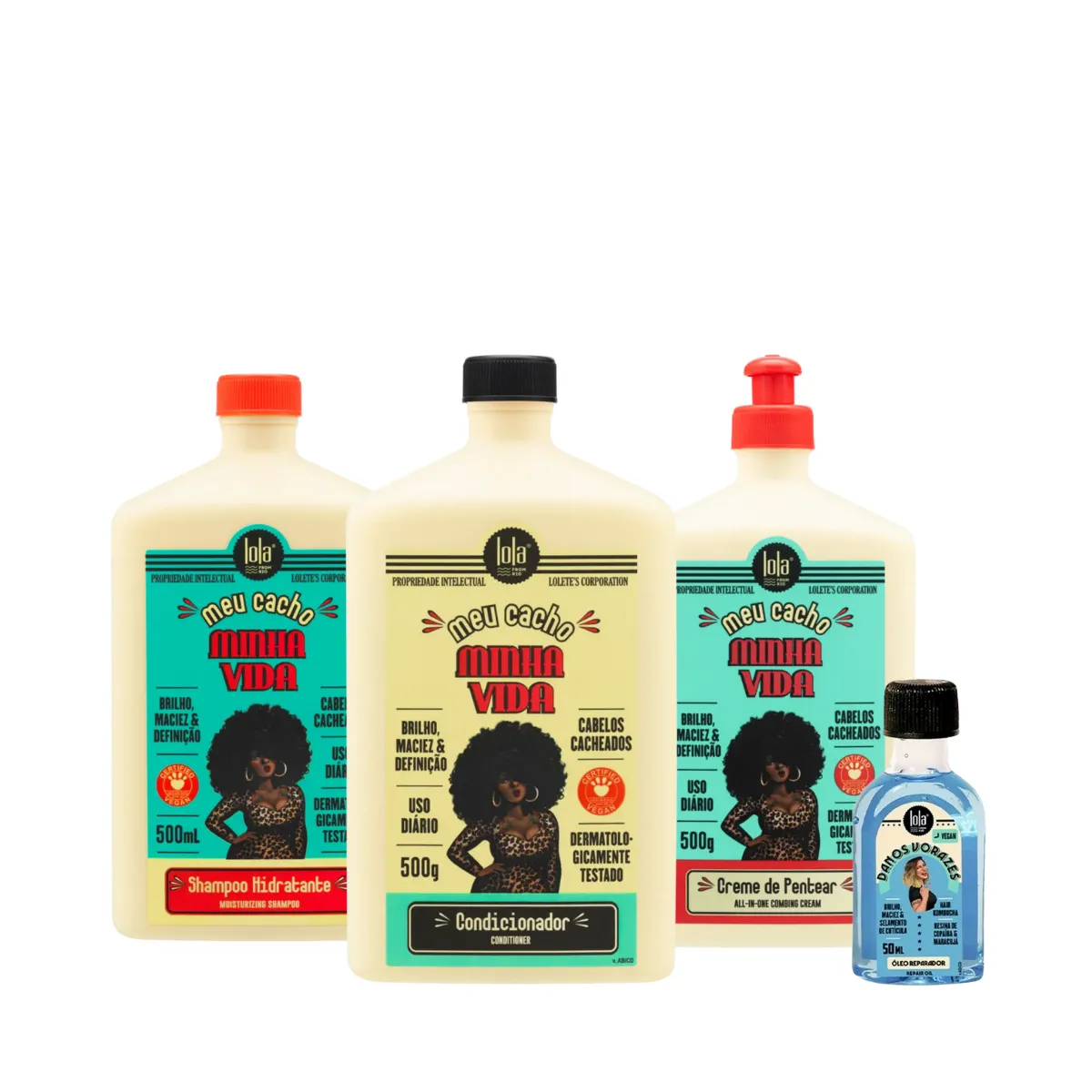Kit Lola Meu Cacho Minha Vida Sh 500ml + Cond 500ml + Cpp 500ml + Danos Vorazes Óleo Reparador 50ml | By Linda