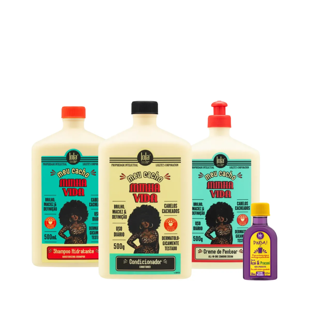 Kit Lola Meu Cacho Minha Vida Sh 500ml + Cond 500ml + Cpp 500ml + Pinga! Óleo Açaí e Pracaxi 50ml | By Linda