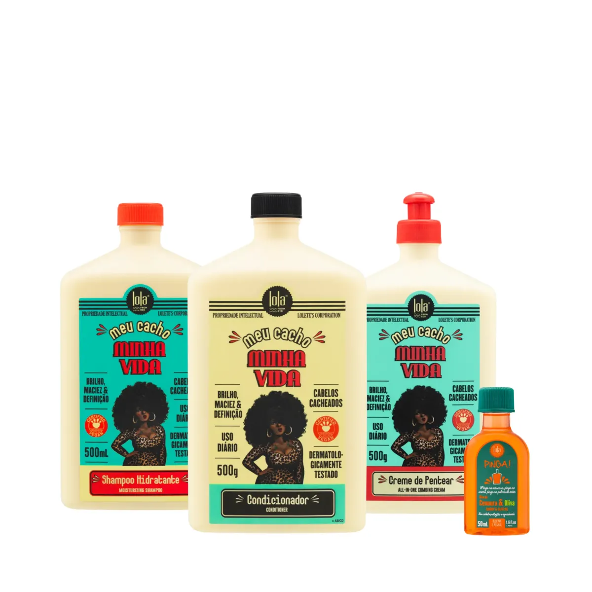 Kit Lola Meu Cacho Minha Vida Sh 500ml + Cond 500ml + Cpp 500ml + Pinga! Óleo Cenoura e Oliva 50ml | By Linda