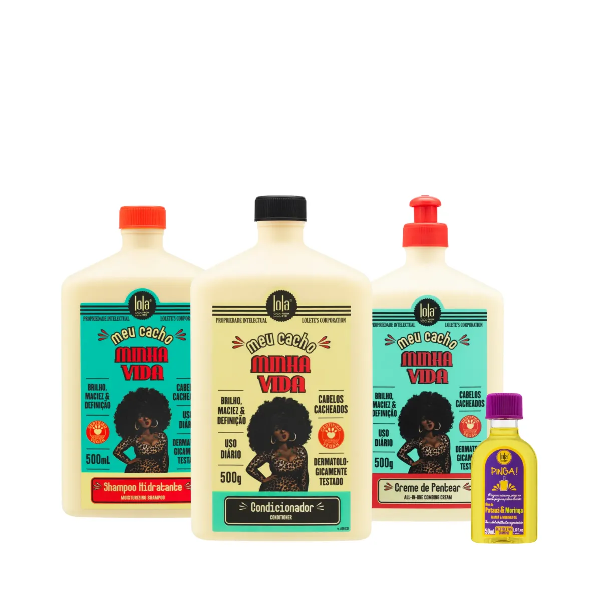Kit Lola Meu Cacho Minha Vida Sh 500ml + Cond 500ml + Cpp 500ml + Pinga! Óleo Pataúa e Moringa 50ml | By Linda