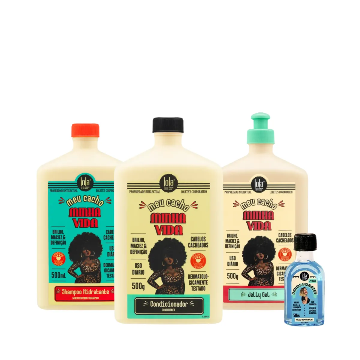 Kit Lola Meu Cacho Minha Vida Sh 500ml + Cond 500ml + Jelly Gel 500ml + Danos Vorazes Óleo Reparador | By Linda