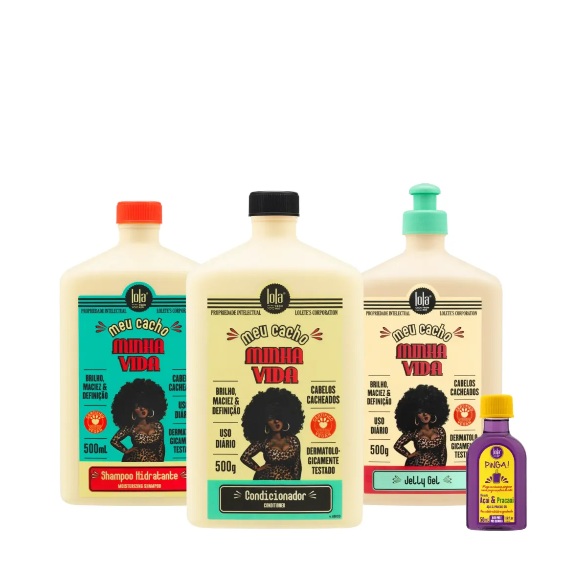 Kit Lola Meu Cacho Minha Vida Sh 500ml + Cond 500ml + Jelly Gel 500ml + Pinga! Óleo Açaí e Pracaxi | By Linda
