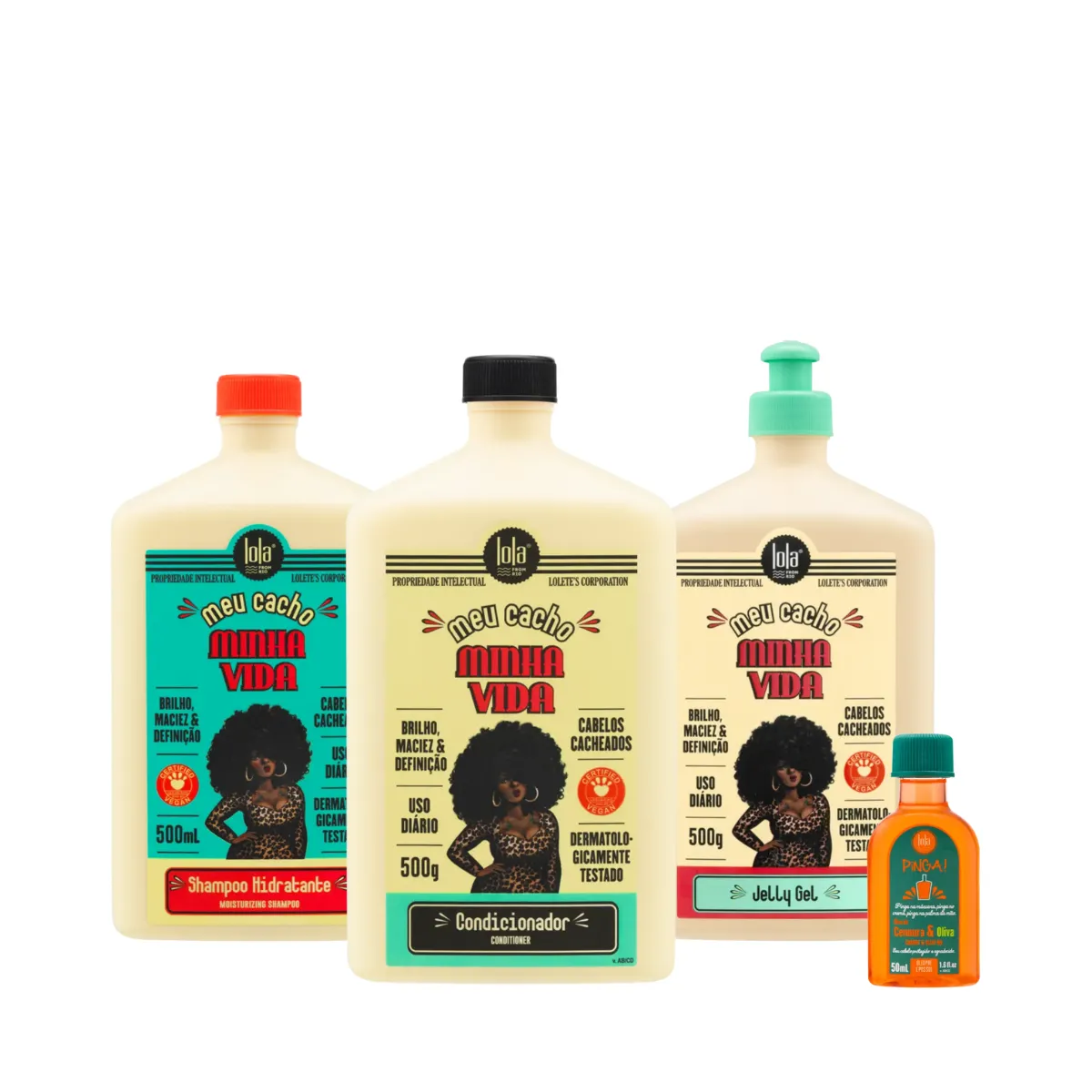 Kit Lola Meu Cacho Minha Vida Sh 500ml + Cond 500ml + Jelly Gel 500ml + Pinga! Óleo Cenoura e Oliva | By Linda
