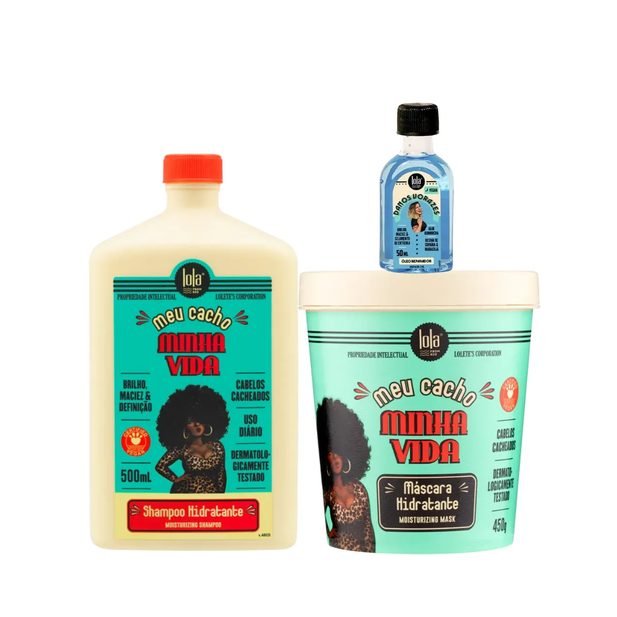 Kit Lola Meu Cacho Minha Vida Sh 500ml + Masc 450ml + Danos Vorazes Óleo Reparador 50ml | By Linda