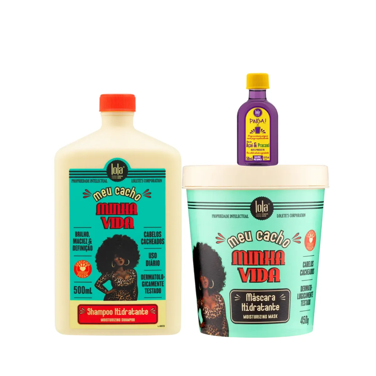 Kit Lola Meu Cacho Minha Vida Sh 500ml + Masc 450ml + Pinga! Óleo Açaí e Pracaxi 50ml | By Linda
