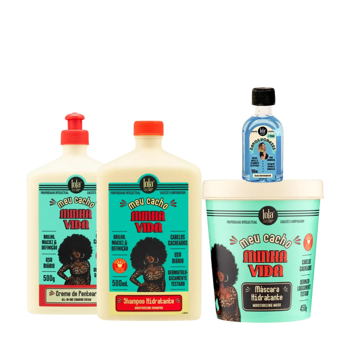 Kit Lola Meu Cacho Minha Vida Sh 500ml + Masc 450ml + Cpp 500ml + Danos Vorazes Óleo Reparador 50ml | By Linda