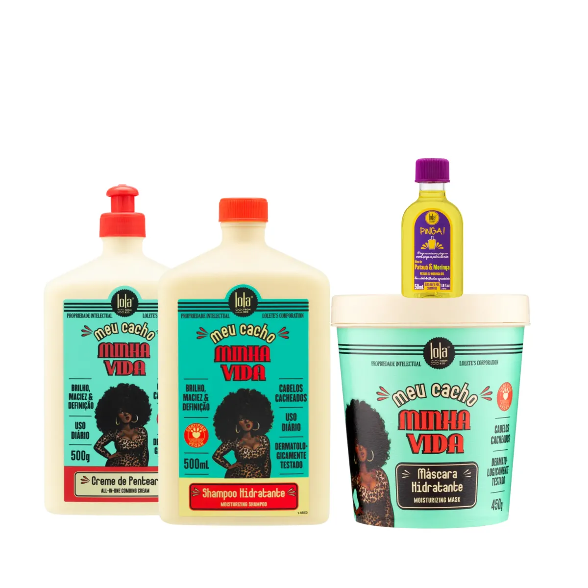 Kit Lola Meu Cacho Minha Vida Sh 500ml + Masc 450ml + Cpp 500ml + Pinga! Óleo Pataúa e Moringa 50ml | By Linda