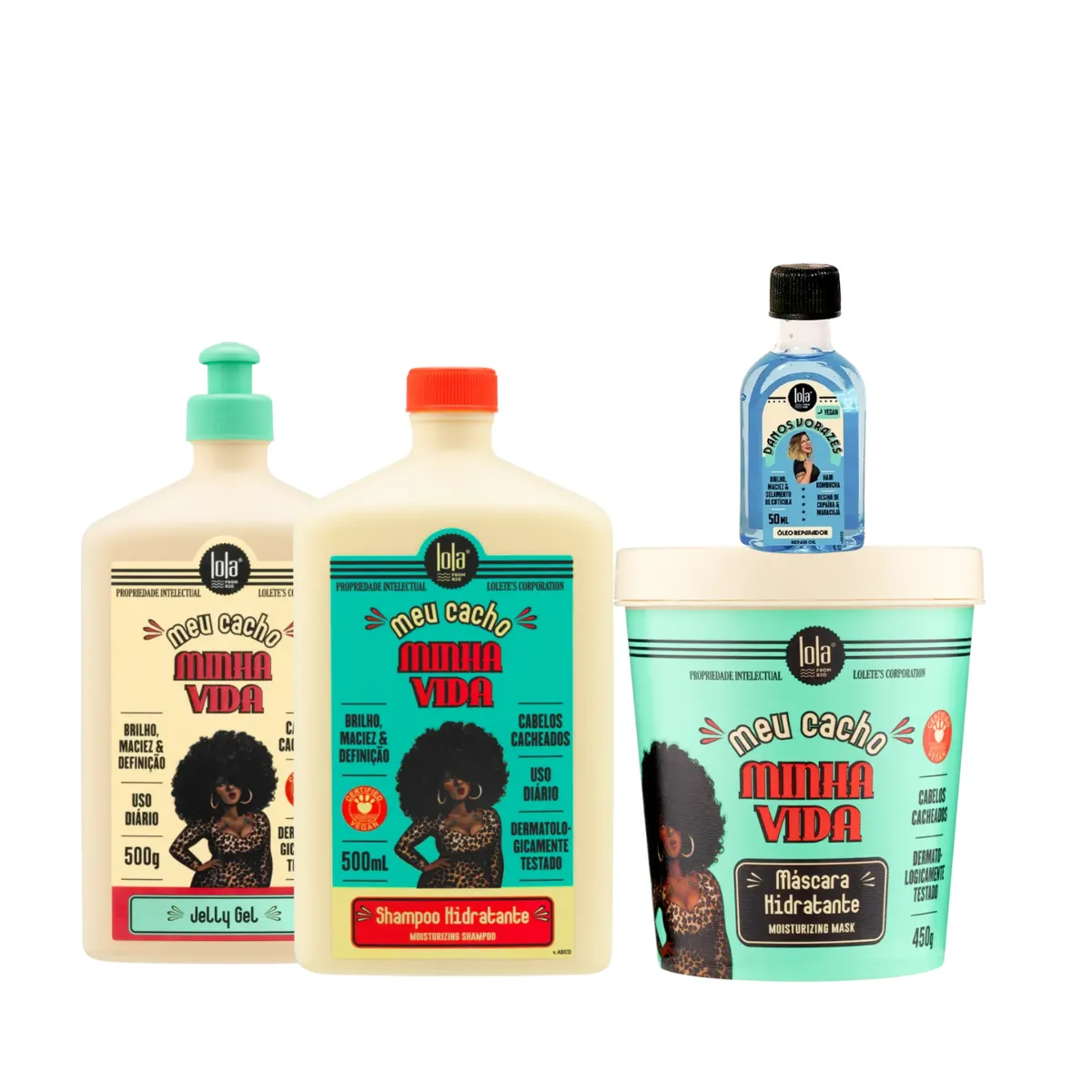 Kit Lola Meu Cacho Minha Vida Sh 500ml + Masc 450ml + Jelly Gel 500ml + Danos Vorazes Óleo Reparador | By Linda
