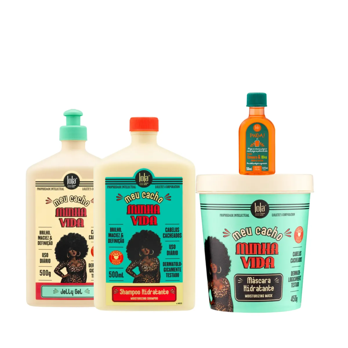 Kit Lola Meu Cacho Minha Vida Sh 500ml + Masc 450ml + Jelly Gel 500ml + Pinga! Óleo Cenoura e Oliva | By Linda