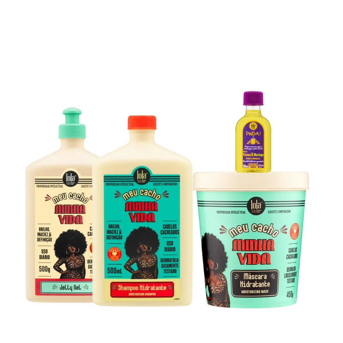Kit Lola Meu Cacho Minha Vida Sh 500ml + Masc 450ml + Jelly Gel 500ml + Pinga! Óleo Pataúa e Moringa | By Linda