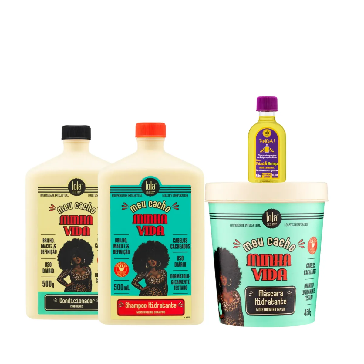 Kit Lola Meu Cacho Minha Vida Sh 500ml + Cond 500ml + Masc 450ml + Pinga! Óleo Pataúa e Moringa 50ml | By Linda