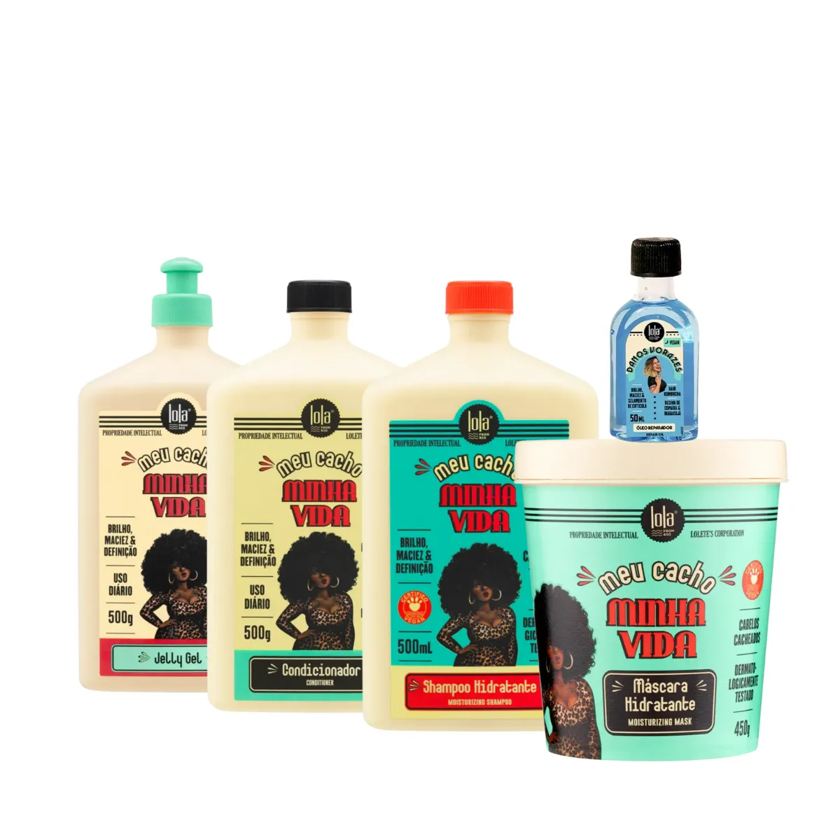 Kit Lola Meu Cacho Minha Vida Sh + Cond + Masc + Jelly Gel + Danos Vorazes Óleo Reparador | By Linda