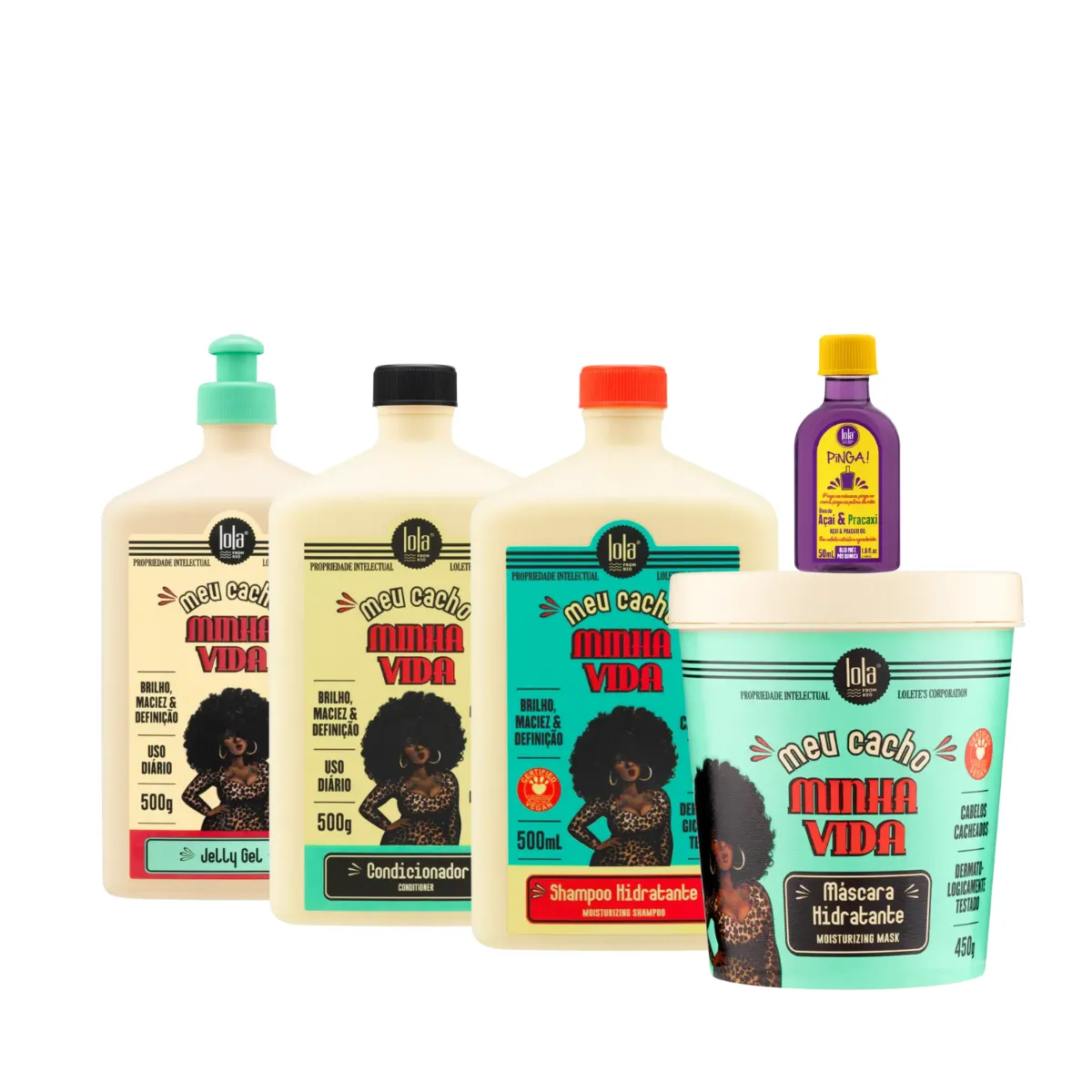 Kit Lola Meu Cacho Minha Vida Sh + Cond + Masc + Jelly Gel + Pinga! Óleo Açaí e Pracaxi | By Linda