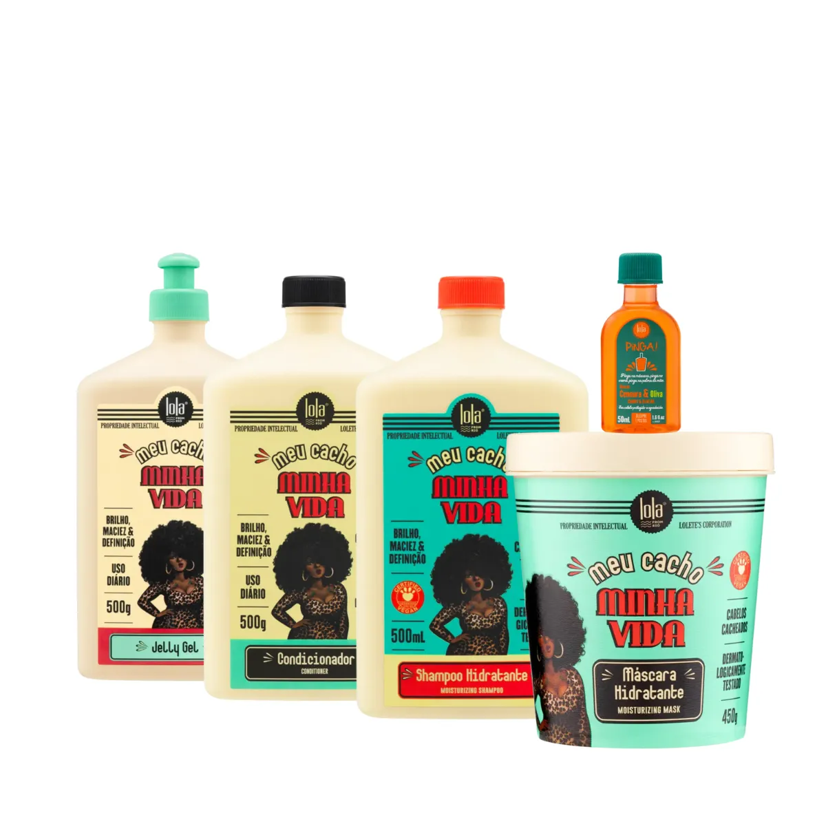Kit Lola Meu Cacho Minha Vida Sh + Cond + Masc + Jelly Gel + Pinga! Óleo Cenoura e Oliva | By Linda