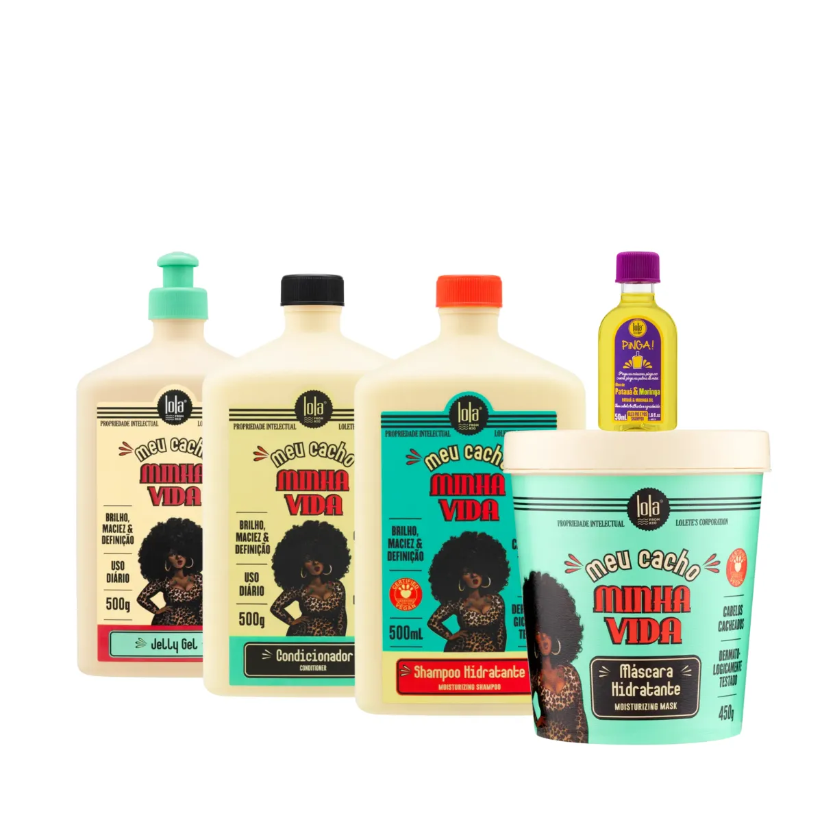 Kit Lola Meu Cacho Minha Vida Sh + Cond + Masc + Jelly Gel + Pinga! Óleo Pataúa e Moringa | By Linda