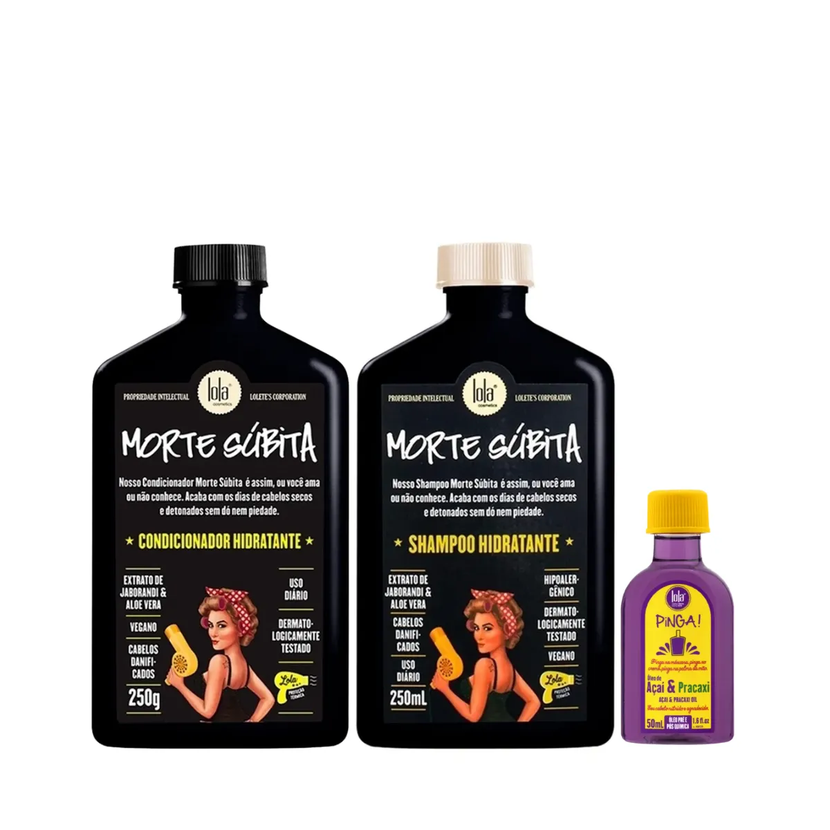 Kit Lola Morte Súbita Sh 250ml + Cond 250ml + Pinga! Óleo Açaí e Pracaxi 50ml | By Linda