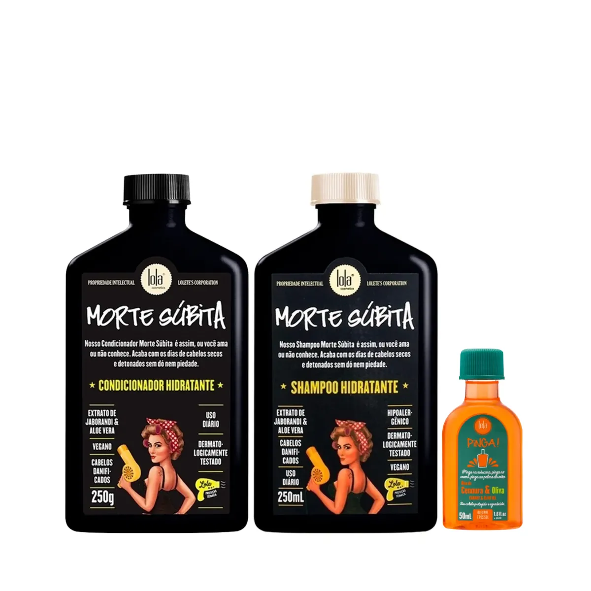 Kit Lola Morte Súbita Sh 250ml + Cond 250ml + Pinga! Óleo Cenoura e Oliva 50ml | By Linda
