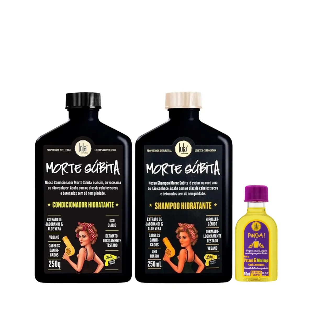 Kit Lola Morte Súbita Sh 250ml + Cond 250ml + Pinga! Óleo Pataúa e Moringa 50ml | By Linda