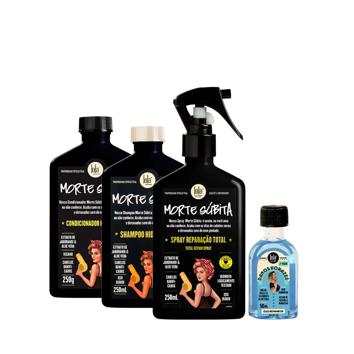 Kit Lola Morte Súbita Sh 250ml + Cond 250ml + Spray 250ml + Danos Vorazes Óleo Reparador 50ml | By Linda