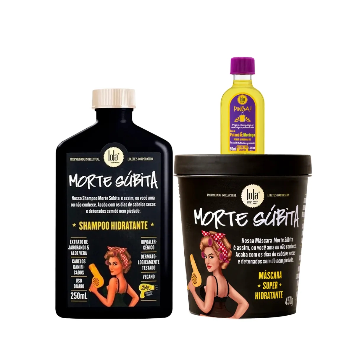 Kit Lola Morte Súbita Sh 250ml + Masc 450ml + Pinga! Óleo Pataúa e Moringa 50ml | By Linda
