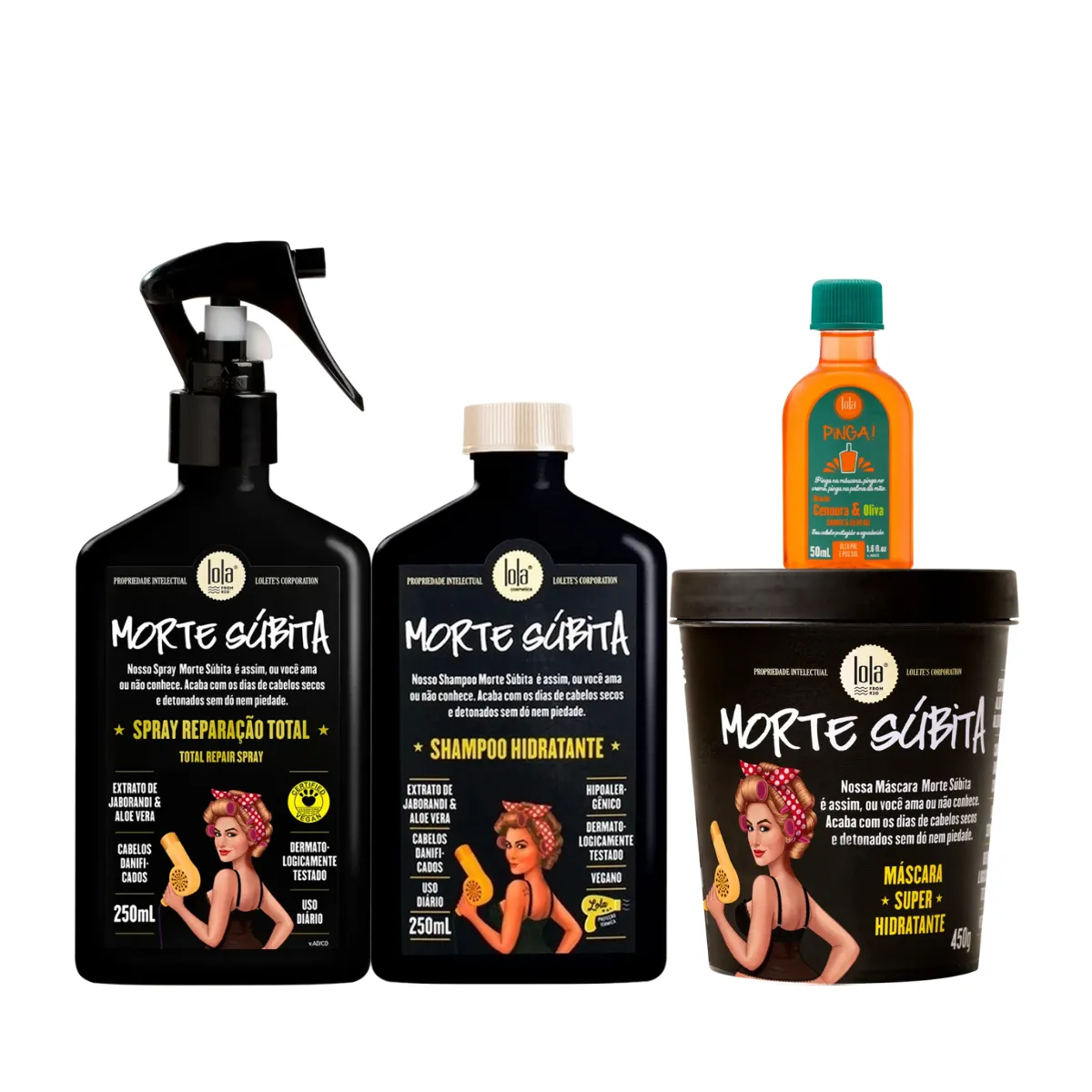 Kit Lola Morte Súbita Sh 250ml + Masc 450ml + Spray 250ml + Pinga! Óleo Cenoura e Oliva 50ml | By Linda