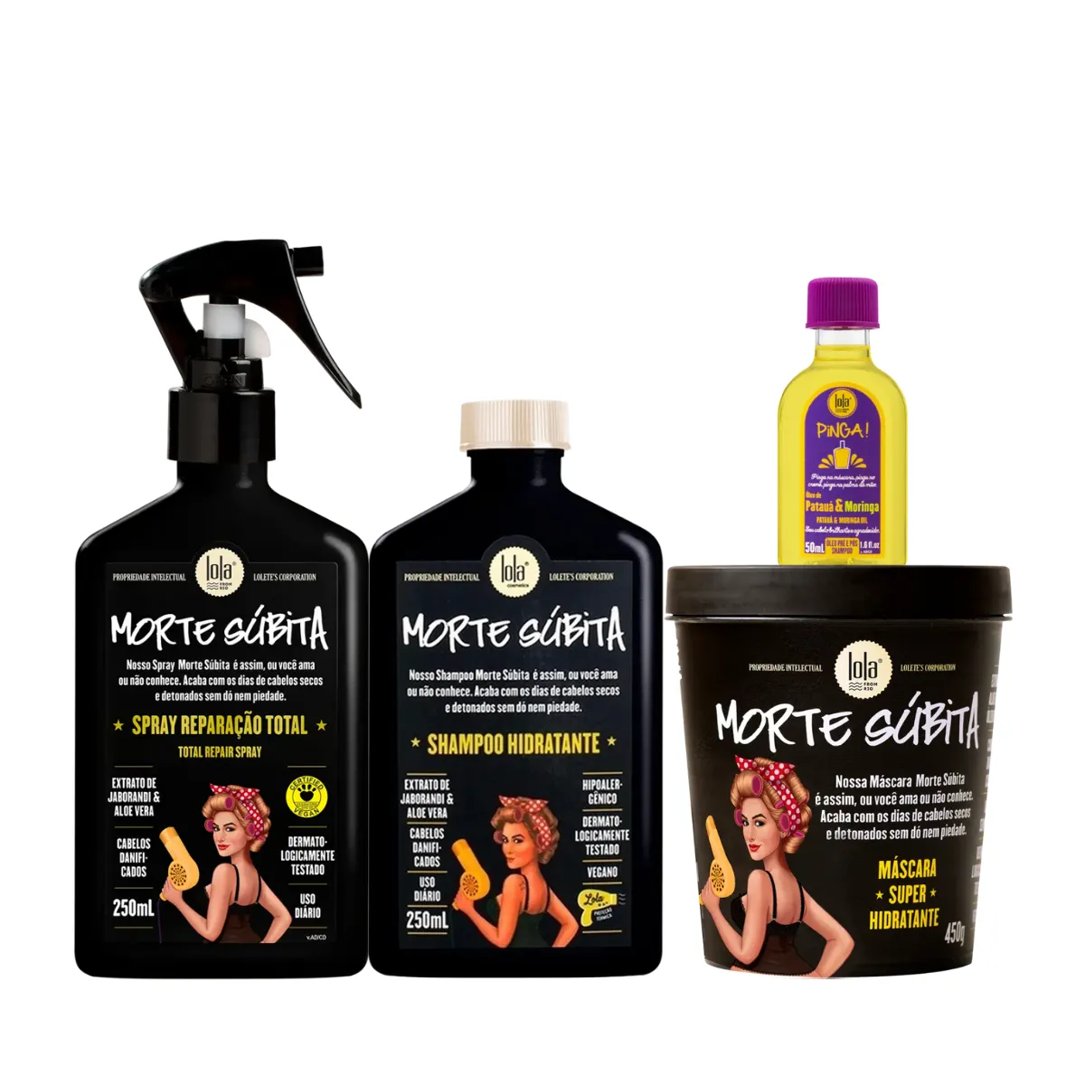Kit Lola Morte Súbita Sh 250ml + Masc 450ml + Spray 250ml + Pinga! Óleo Pataúa e Moringa 50ml | By Linda