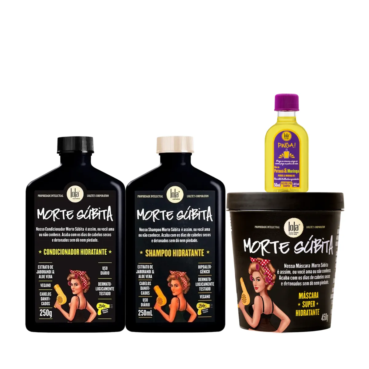Kit Lola Morte Súbita Sh 250ml + Cond 250ml + Masc 450ml + Pinga! Óleo Pataúa e Moringa 50ml | By Linda