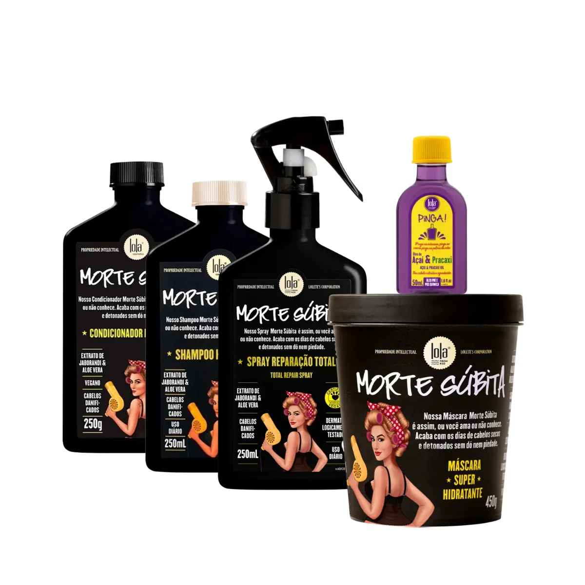 Kit Lola Morte Súbita Sh 250ml + Cond 250ml + Masc 450ml + Spray 250ml + Pinga! Óleo Açaí e Pracaxi | By Linda
