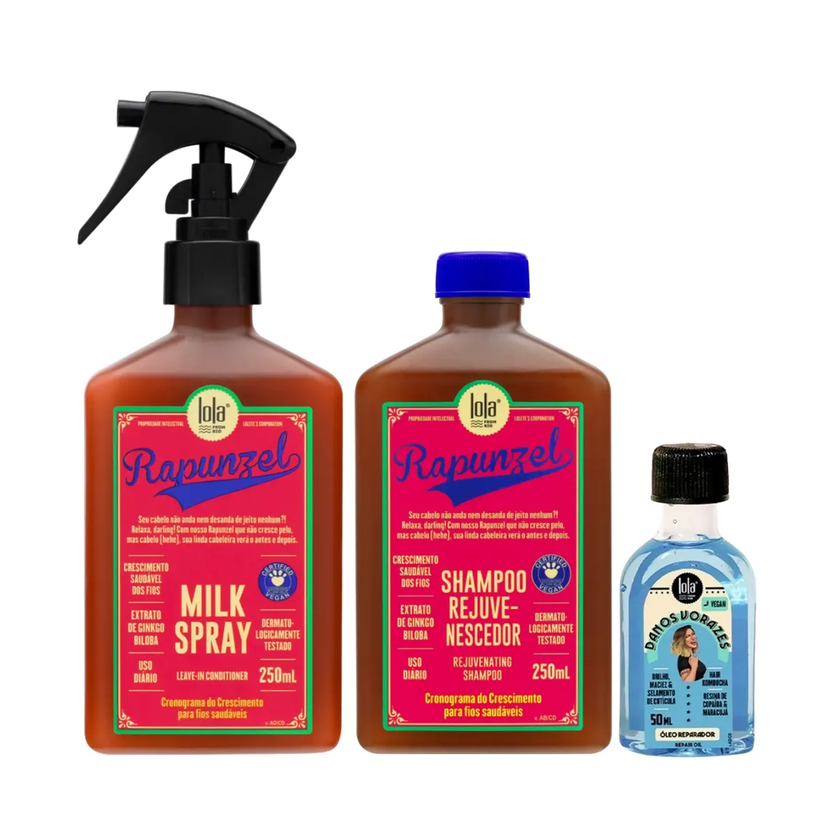 Kit Lola Rapunzel Sh 250ml + Spray Milk 250ml + Danos Vorazes Óleo Reparador 50ml | By Linda